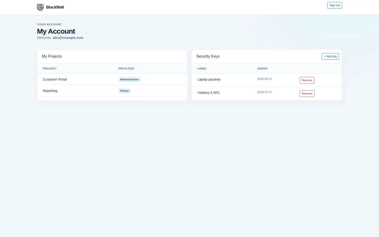 The end-user portal showing the signed-in user's project memberships with their privilege labels, and a list of registered security keys including a laptop passkey and a YubiKey, each with the date it was added and a control to remove it.